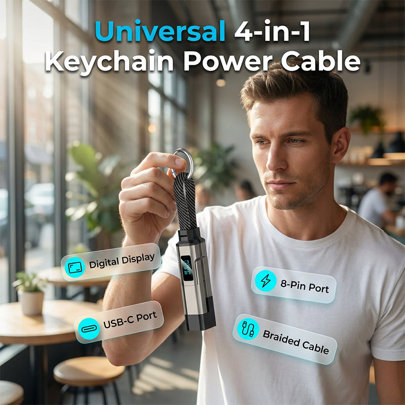4-in-1 Charging Cable with Digital Display & Keychain - Fast- Charging, Kink-Resistant & Compact