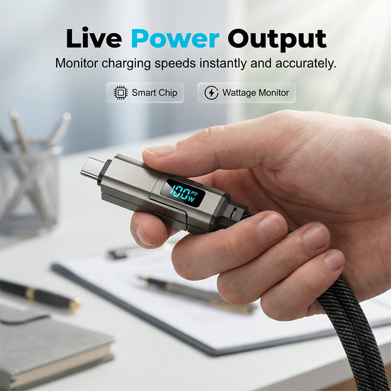4-in-1 Charging Cable with Digital Display & Keychain - Fast- Charging, Kink-Resistant & Compact
