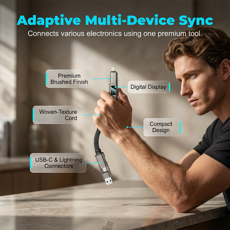 4-in-1 Charging Cable with Digital Display & Keychain - Fast- Charging, Kink-Resistant & Compact